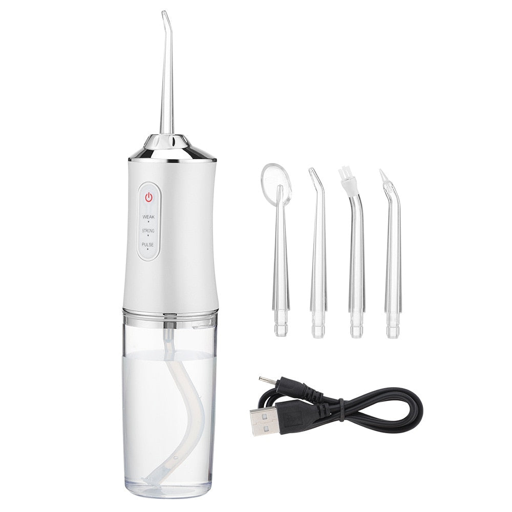 Irigator oral pentru dus bucal, Ultra-Portabil, 4 Capete Curatare, Rezervor 220 ml, usb, alb