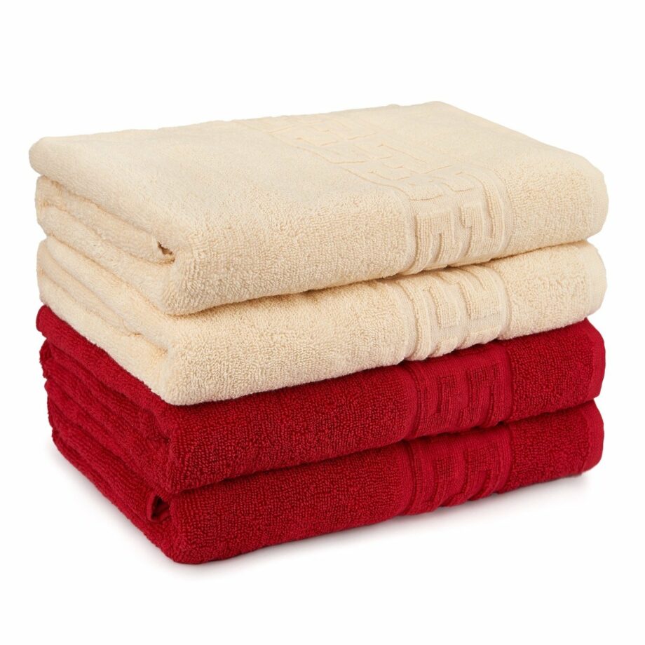 Set 4 prosoape medii, Bumbac 100%, 50X90 ,Model Greek Border, Crem-Rosu, PF36