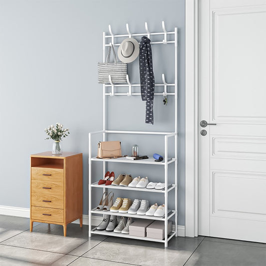 Cuier haine cu suport pantofi, 5 rafturi, dimensiune 171x80x30 cm, Alb