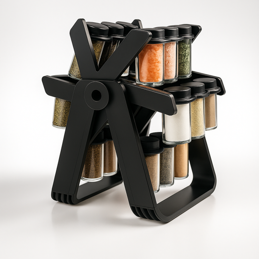 Organizator condimente rotativ cu 18 borcane din sticla – design premium