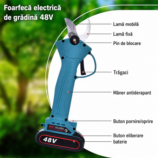 Foarfeca electrica profesionala pentru gradina, 2 acumulatori 48V, portabilă