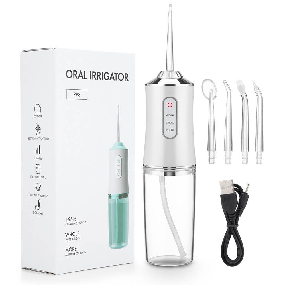 Irigator oral pentru dus bucal, Ultra-Portabil, 4 Capete Curatare, Rezervor 220 ml, usb, alb