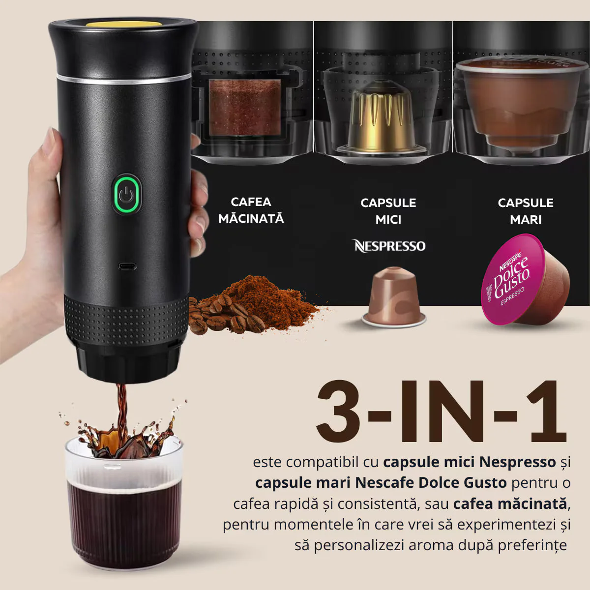 Espresor de cafea portabil, 3 în 1, capsule sau cafea macinata, încarcare Usb, 20bar, gri