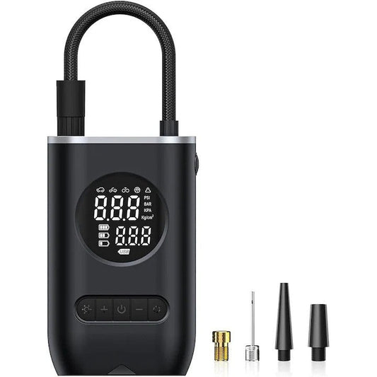 Compresor de Aer Portabil cu Afișaj Digital și Manometru – Pompa pentru Anvelope cu Lanternă LED, Încărcare USB Tip C,