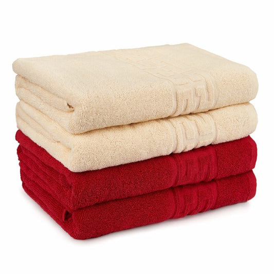 Set 4 prosoape medii, Bumbac 100%, 50X90 ,Model Greek Border, Crem-Rosu, PF36