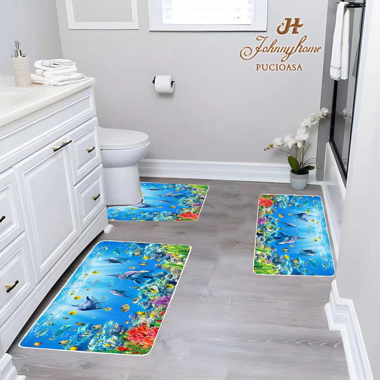 Covorase de baie, 3 piese, 3D, Antiderapante , CBA08